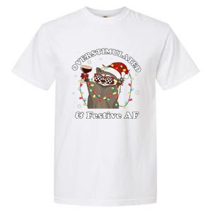 Overstimulated And Festive Af Raccoon Christmas Martini Bow Gift Garment-Dyed Heavyweight T-Shirt