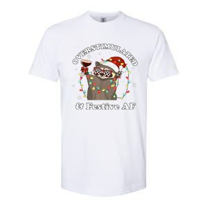 Overstimulated And Festive Af Raccoon Christmas Martini Bow Gift Softstyle CVC T-Shirt