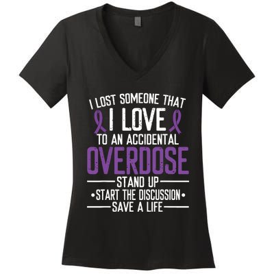 Overdose Awareness Lost Someone I Love Purple Ribbon Women's V-Neck T-Shirt