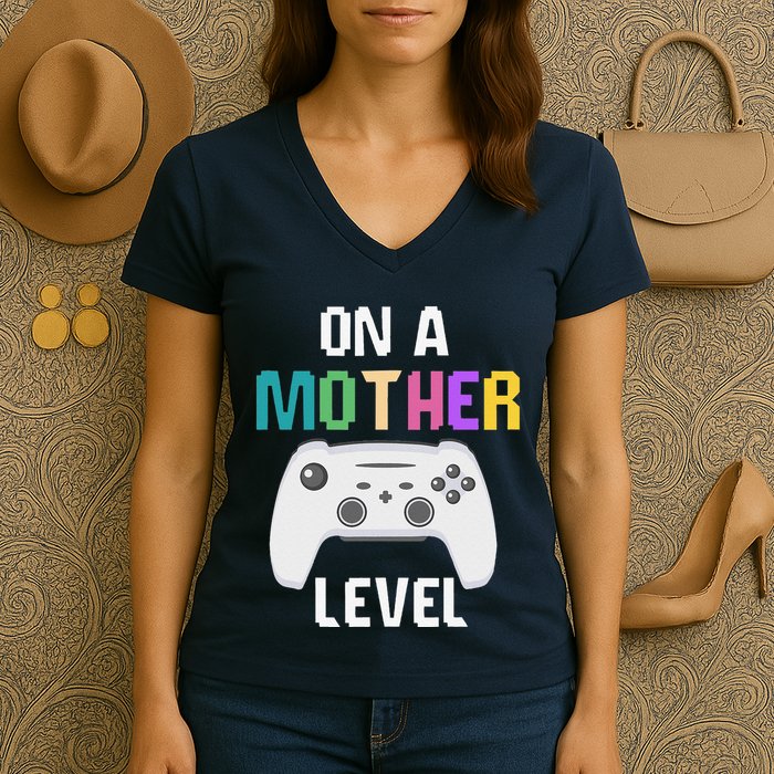 On A Mother Level Up Mothers Day Gamer Mom Retro Controller Women's V-Neck T-Shirt