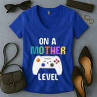 On A Mother Level Up Mothers Day Gamer Mom Retro Controller Gift Women's V-Neck T-Shirt