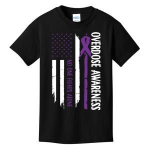 Overdose Awareness Noone Fights Alone Purple Ribbon Flag Kids T-Shirt