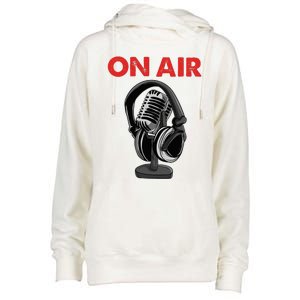 On Air Podcast Microphone Radio Show Host Music DJ Womens Funnel Neck Pullover Hood