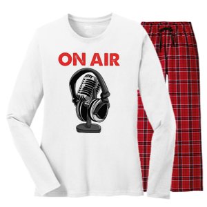 On Air Podcast Microphone Radio Show Host Music DJ Women's Long Sleeve Flannel Pajama Set 