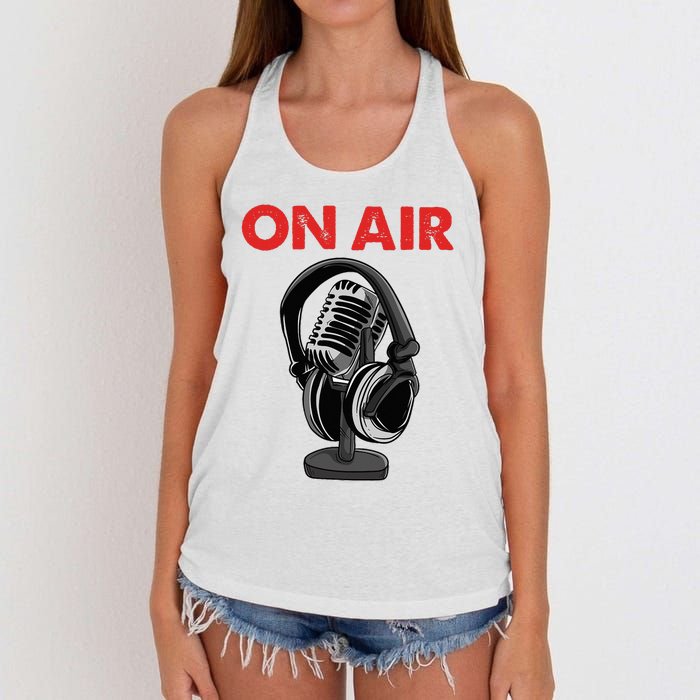 On Air Podcast Microphone Radio Show Host Music DJ Women's Knotted Racerback Tank