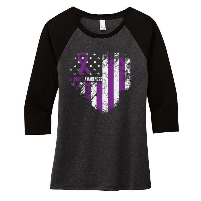 Overdose Awareness Purple Ribbon Drug Addiction Women's Tri-Blend 3/4-Sleeve Raglan Shirt