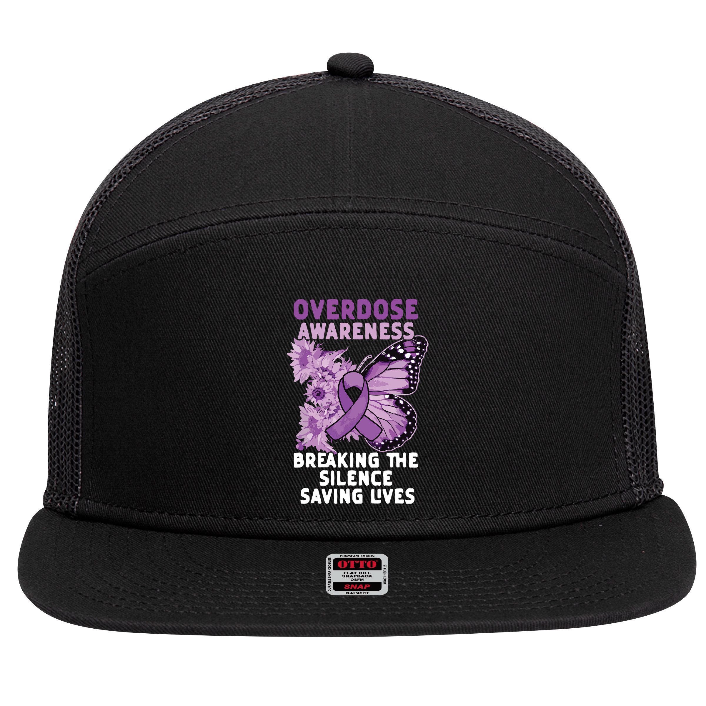 Overdose Awareness Purple Ribbon Drug Addiction 7 Panel Mesh Trucker Snapback Hat