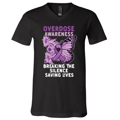 Overdose Awareness Purple Ribbon Drug Addiction V-Neck T-Shirt