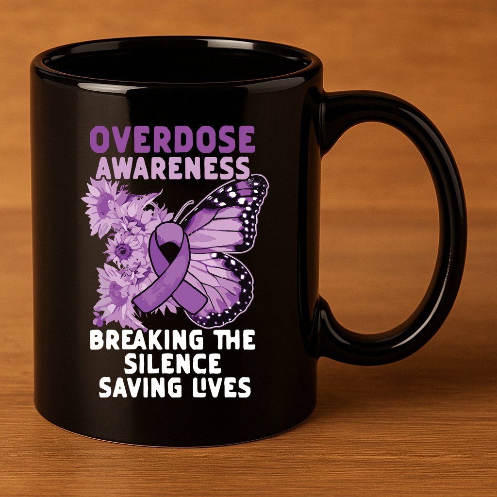 Overdose Awareness Purple Ribbon Drug Addiction 11oz C Handle Ceramic Mug
