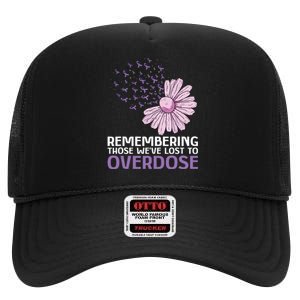 Overdose Awareness Purple Ribbon Drug Addiction Sunflower High Crown Mesh Back Trucker Hat