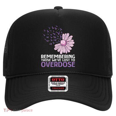 Overdose Awareness Purple Ribbon Drug Addiction Sunflower High Crown Mesh Back Trucker Hat
