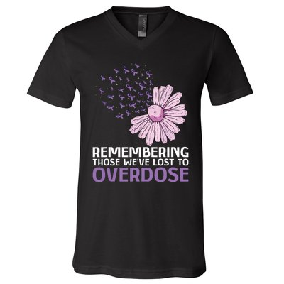 Overdose Awareness Purple Ribbon Drug Addiction Sunflower V-Neck T-Shirt