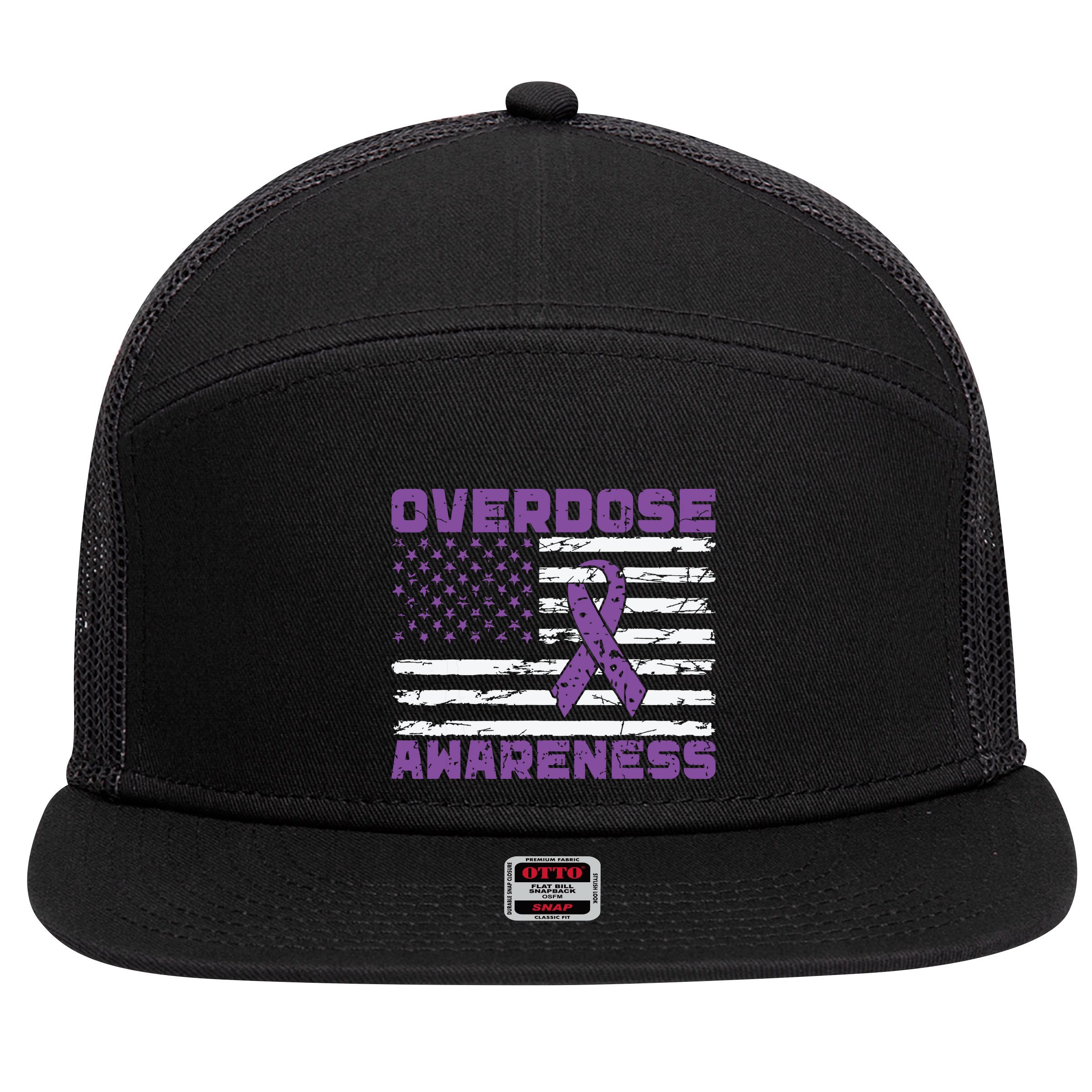 Overdose Awareness Purple Ribbon Drug Addiction 7 Panel Mesh Trucker Snapback Hat