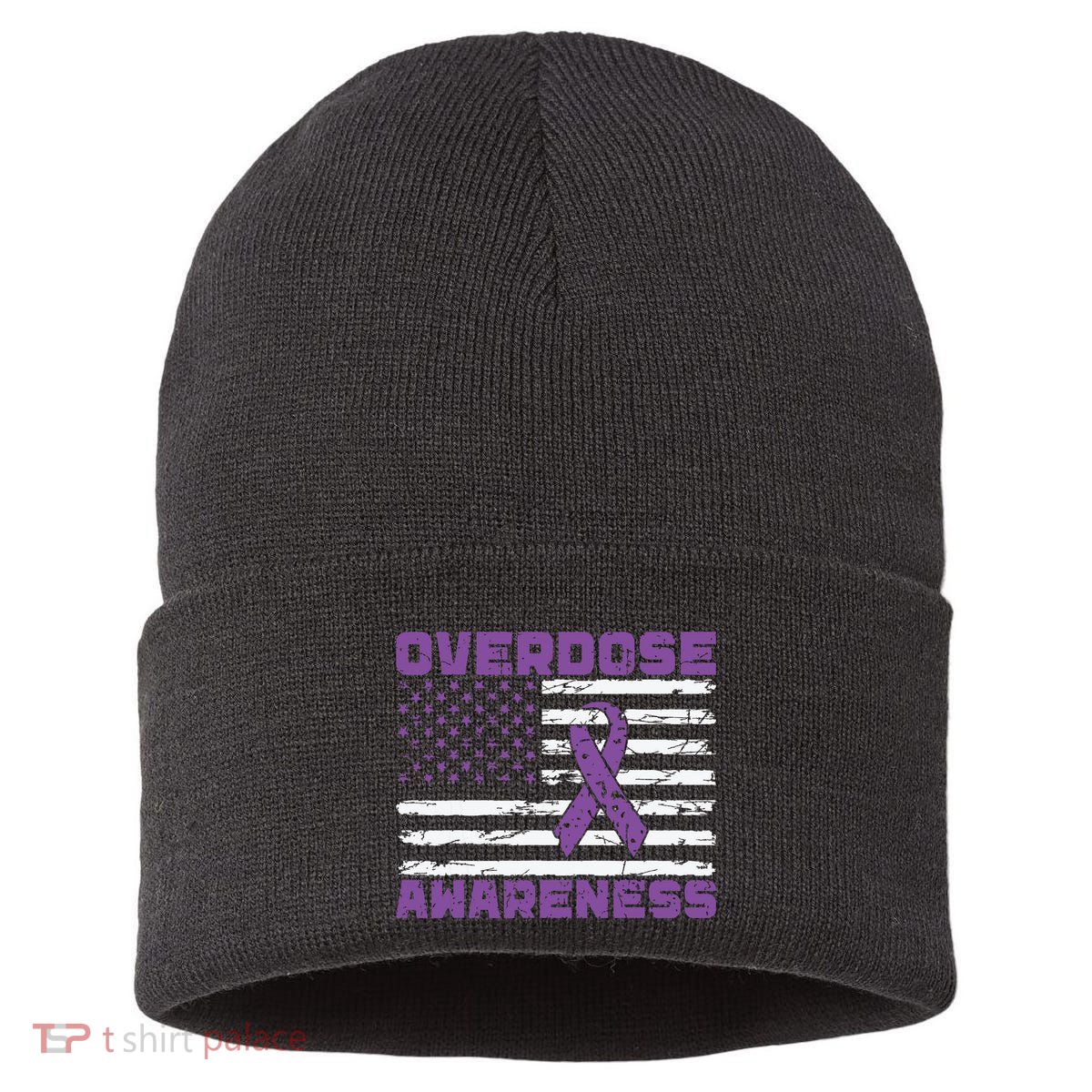 Overdose Awareness Purple Ribbon Drug Addiction Sustainable Knit Beanie
