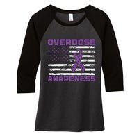 Overdose Awareness Purple Ribbon Drug Addiction Women's Tri-Blend 3/4-Sleeve Raglan Shirt