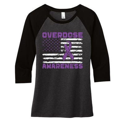 Overdose Awareness Purple Ribbon Drug Addiction Women's Tri-Blend 3/4-Sleeve Raglan Shirt