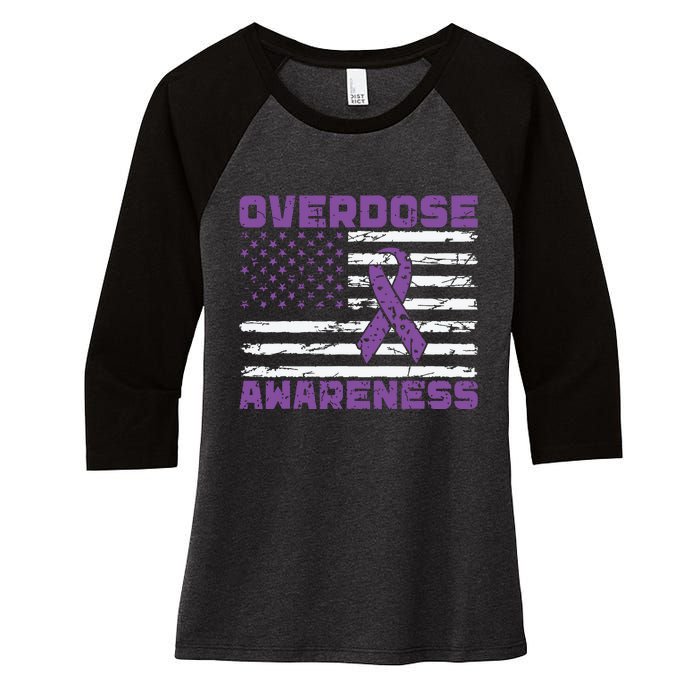 Overdose Awareness Purple Ribbon Drug Addiction Women's Tri-Blend 3/4-Sleeve Raglan Shirt