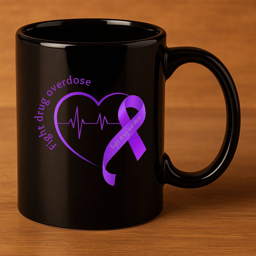 Overdose Awareness Purple Ribbon Drug Addiction Recovery 11oz C Handle Ceramic Mug