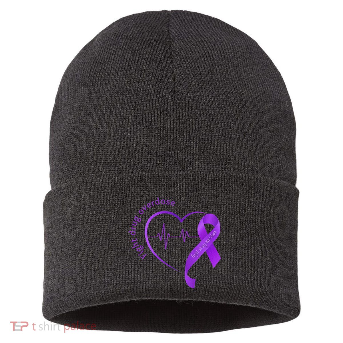 Overdose Awareness Purple Ribbon Drug Addiction Recovery Sustainable Knit Beanie