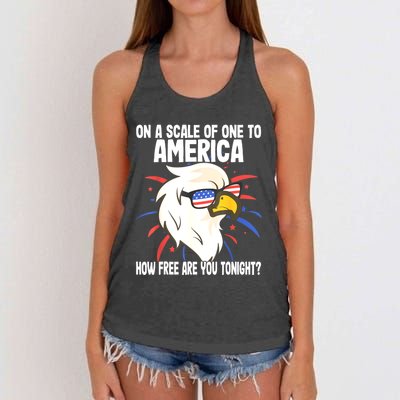 On A Scale Of One To America How Free Are You Tonight Women's Knotted Racerback Tank