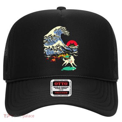 Okami Amaterasu Sun God Wolf The Great Wave Video Game High Crown Mesh Back Trucker Hat