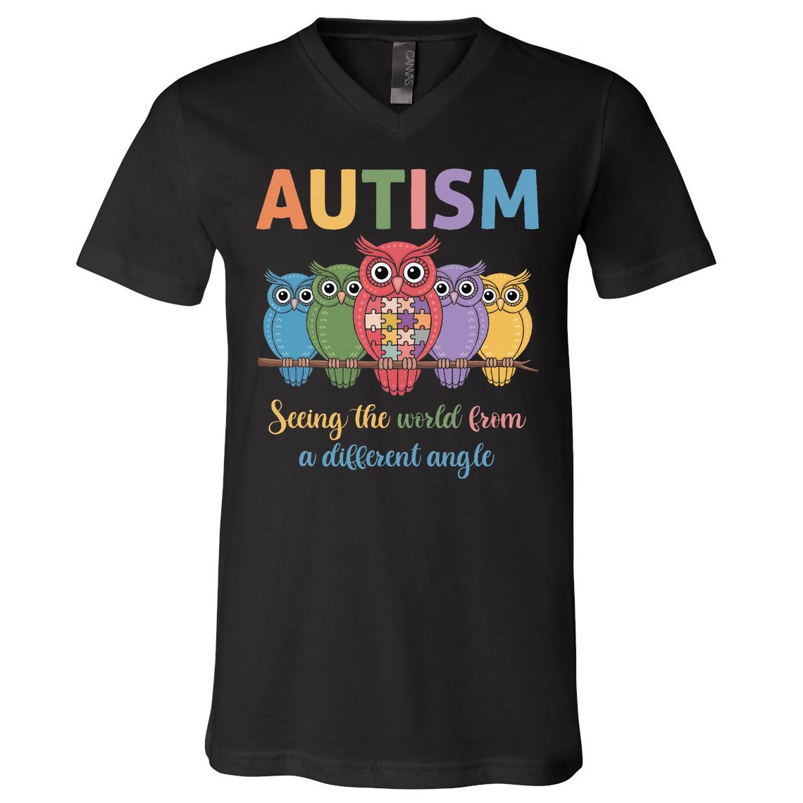 Owl Autism Seeing World Different Angle Awareness  Mom V-Neck T-Shirt