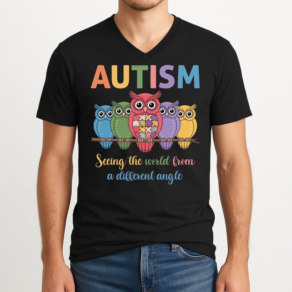 Owl Autism Seeing World Different Angle Awareness  Mom V-Neck T-Shirt