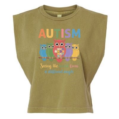 Owl Autism Seeing World Different Angle Awareness  Mom Garment-Dyed Women's Muscle Tee