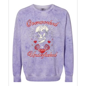 Overworked And Underfucked Skull Design Funny Meme Colorblast Crewneck Sweatshirt