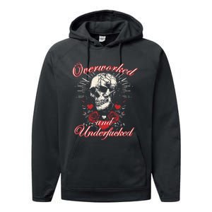 Overworked And Underfucked Skull Design Funny Meme Performance Fleece Hoodie