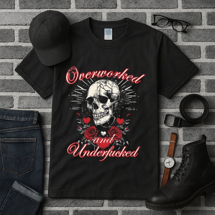 Overworked And Underfucked Skull Design Funny Meme Tall T-Shirt