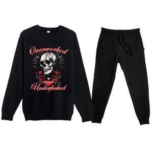 Overworked And Underfucked Skull Design Funny Meme Premium Crewneck Sweatsuit Set