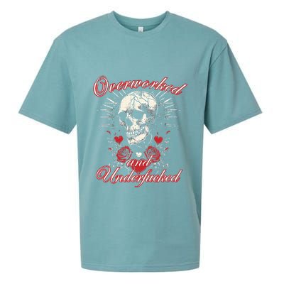 Overworked And Underfucked Skull Design Funny Meme Sueded Cloud Jersey T-Shirt