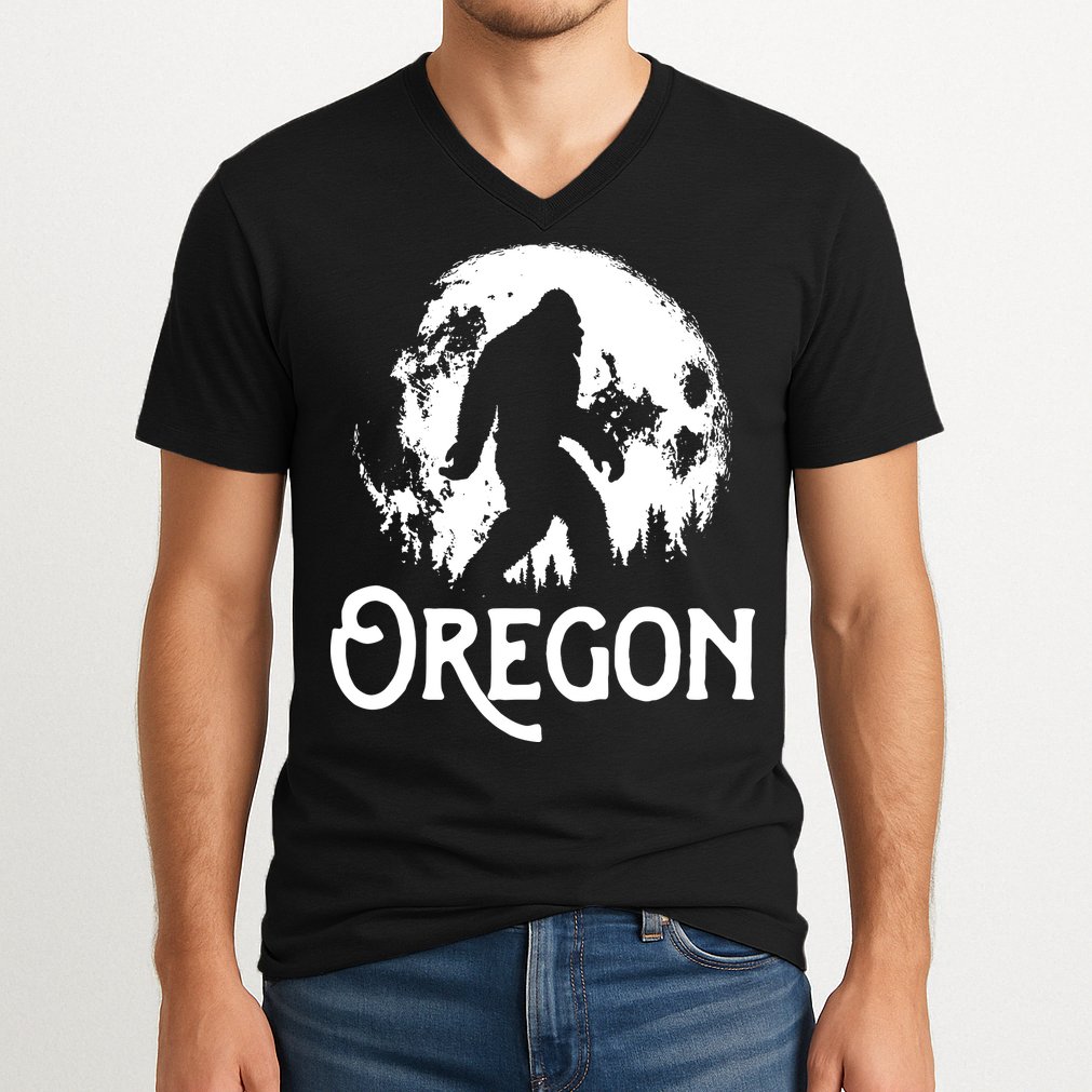 Oregon Bigfoot At Night Cool Full Moon Trees Sasquatch V-Neck T-Shirt