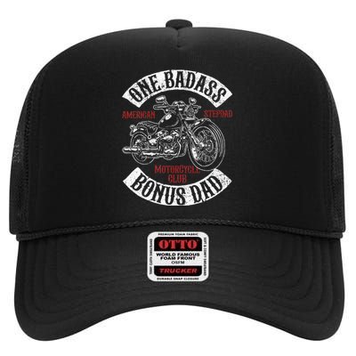 One Badass Bonus Stepdad Biker Motorcycle Step Dad Gift Idea High Crown Mesh Back Trucker Hat