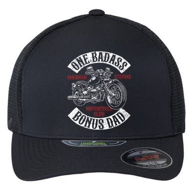 One Badass Bonus Stepdad Biker Motorcycle Step Dad Gift Idea Flexfit Unipanel Trucker Cap