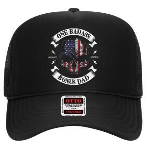 One Badass Bonus Stepdad Birthday Step Dad High Crown Mesh Back Trucker Hat