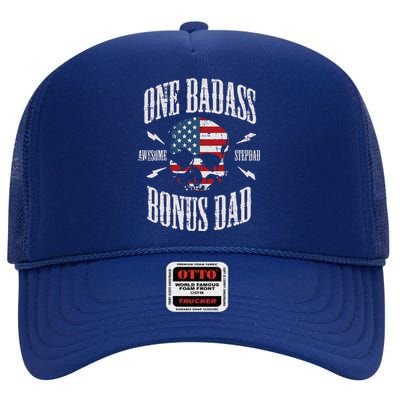 One Badass Bonus Dad Us Flag Skull Stepdad Step Dad High Crown Mesh Back Trucker Hat