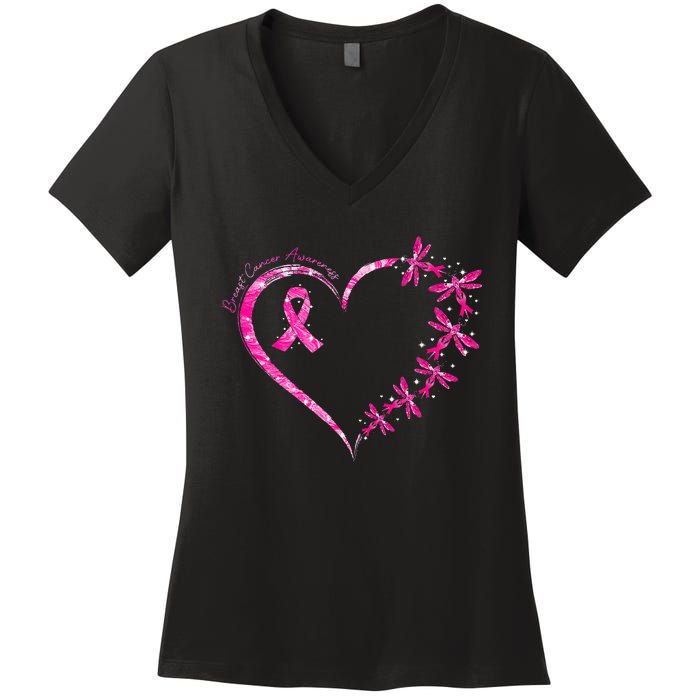 October Breast Cancer Awareness Dragonfly Women's V-Neck T-Shirt