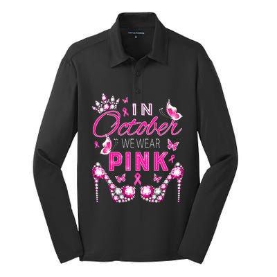 October Breast Cancer Awareness Ribbon Support Silk Touch Performance Long Sleeve Polo