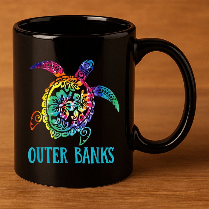 Outer Banks Carolina Sea Turtle Hibiscus Tie Dye Summer 11oz C Handle Ceramic Mug