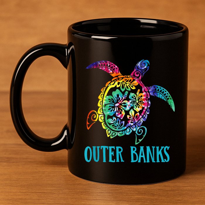 Outer Banks Carolina Sea Turtle Hibiscus Tie Dye Summer 11oz C Handle Ceramic Mug