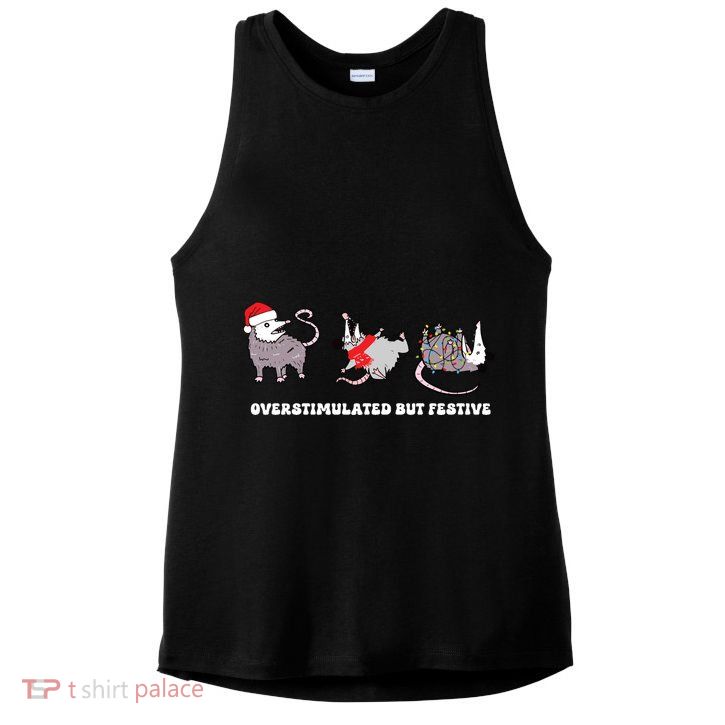 Overstimulated But Festive Possum Christmas Ladies PosiCharge Tri-Blend Wicking Tank