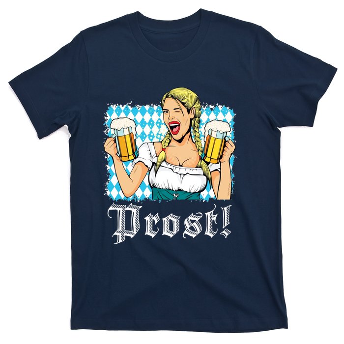 Oktoberfest Beer German Girl Bavarian Flag Drinking Prost T-Shirt