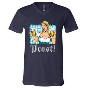 Oktoberfest Beer German Girl Bavarian Flag Drinking Prost V-Neck T-Shirt