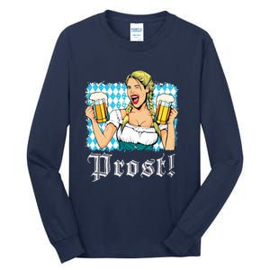 Oktoberfest Beer German Girl Bavarian Flag Drinking Prost Tall Long Sleeve T-Shirt