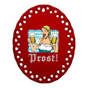 Oktoberfest Beer German Girl Bavarian Flag Drinking Prost Ceramic Oval Ornament