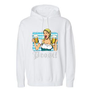 Oktoberfest Beer German Girl Bavarian Flag Drinking Prost Garment-Dyed Fleece Hoodie