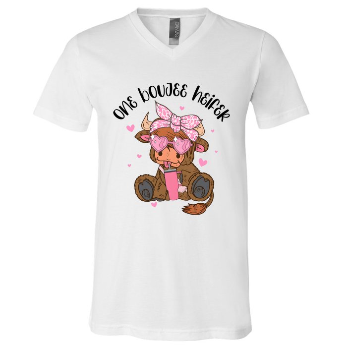 One Boujee Heifer Highland Cow Valentine V-Neck T-Shirt