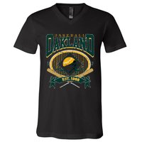 Oakland Baseball Home Plate & Bat Script Fan V-Neck T-Shirt